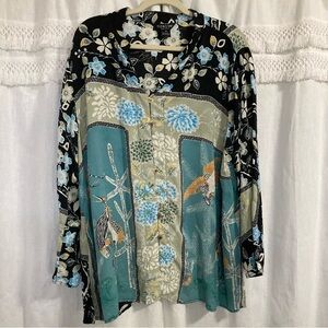 Citron colorful art to wear mixed media patterned tunic blouse 100% silk size 3X